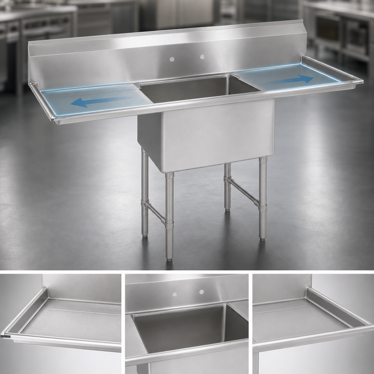 Product image #3 for BK Resources One Compartment Double Drainboard Stainless Steel Compartment Sink, 24 x 24 x 14-Inch Bowl, 72-Inch Wide