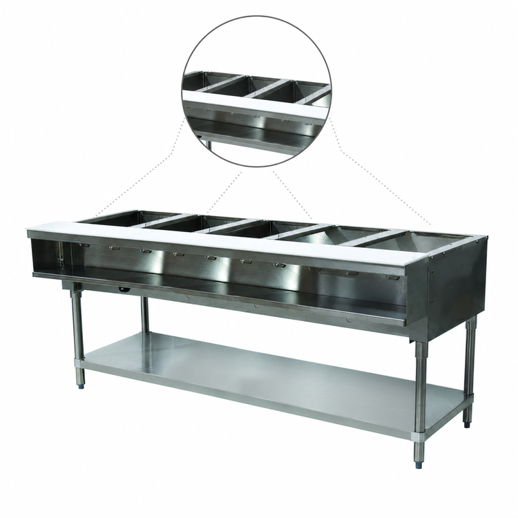 Product image #3 for Advance Tabco Triumph Supreme 77-3/4-Inch LP Gas Water Bath Hot Food Table with 5 Wells, Cutting Board, and Open Base with Undershelf