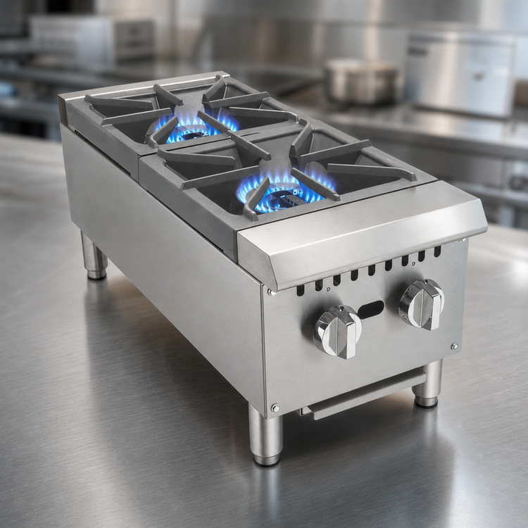 Product image #3 for Comstock-Castle 2 Burner Gas Countertop Hotplate, 12 Inch Wide, Stainless Steel, With Legs