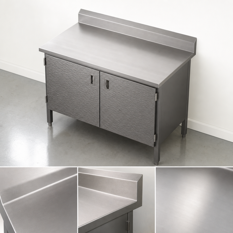 Product image #3 for John Boos Enclosed Base Work Table with Hinged Doors, 48-Inch Wide x 30-Inch Deep, 16-Gauge Stainless Steel Top, 5-Inch Backsplash
