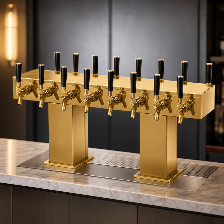 Product image #3 for Perlick Extra-High Back-to-Back Bridge Tee Countertop Glycol-Cooled Draft Beer Tower, Brass Finish, 24 Faucets