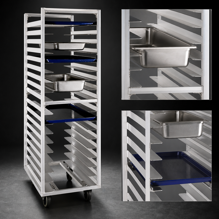 Product image #3 for Universal 64-Inch High Wide-Angle Roll-In Refrigerator/Proofer Rack for 18 Full-Size Pans, Open Frame Aluminum