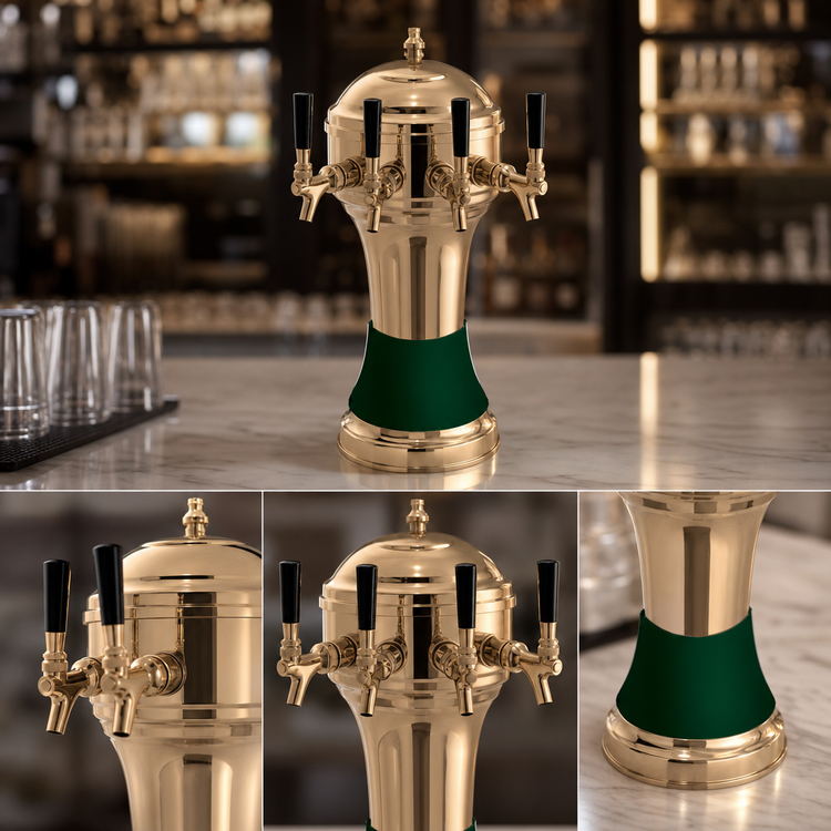 Product image #3 for Roma Single-Column Countertop Glycol-Cooled 4-Faucet Draft Beer Tower with Gold-Tone Brass Body and Green Ceramic Skirt