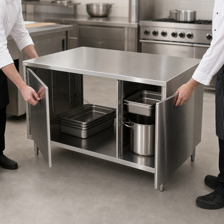 Product image #3 for BK Resources Dual-Access Stainless Steel Chef Table Cabinet Base with Hinged Doors, 36 x 30 x 34-3/4 Inches