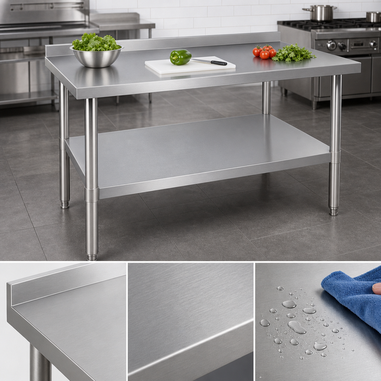 Product image #3 for Klinger's Trading Heavy-Duty Stainless Steel Work Table with 2-Inch Backsplash and Galvanized Open Base, 72 x 24 x 38 Inches
