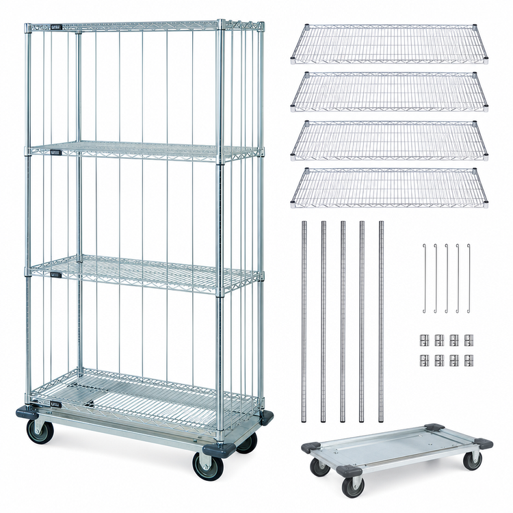 Product image #3 for Quantum Mobile Enclosure Cart with 4 Wire Shelves, Chrome Plated Finish, 60 x 24 x 70 Inches