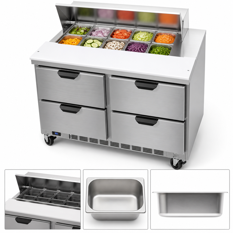 Product image #4 for Beverage-Air SPED48HC-10-4 48-Inch Two-Section Sandwich Top Refrigerated Prep Table with 4 Drawers
