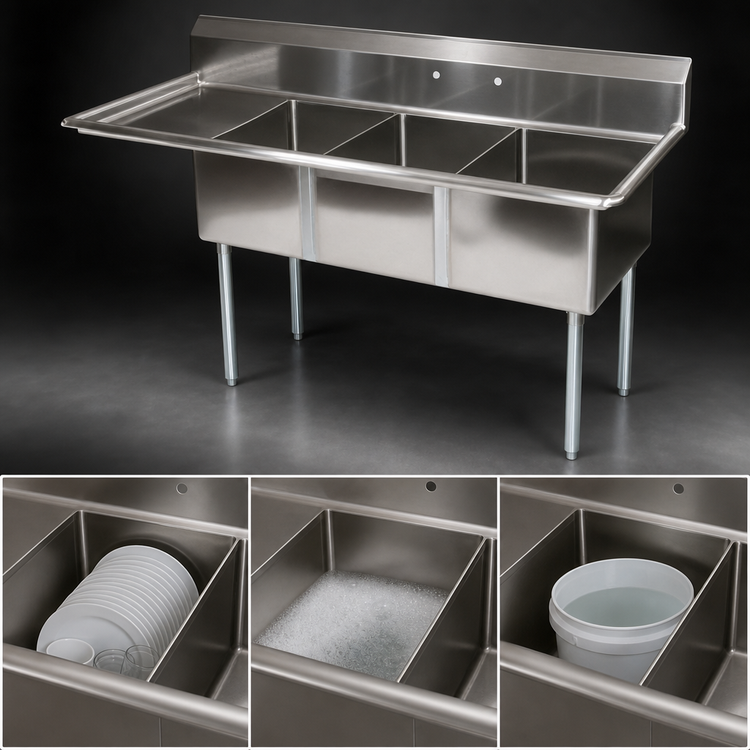 Product image #3 for John Boos E-Series 3-Compartment Sink with Left Drainboard, 62-1/2 Inch W x 20-1/2 Inch D x 43-3/4 Inch H