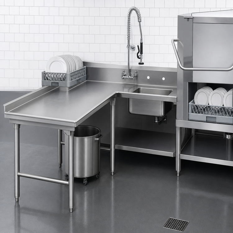 Product image #3 for Advance Tabco Spec-Line L-Shaped Island Soil Dish Table with Pre-Rinse Sink, Left-Hand, 83-Inch, 304 Stainless Steel