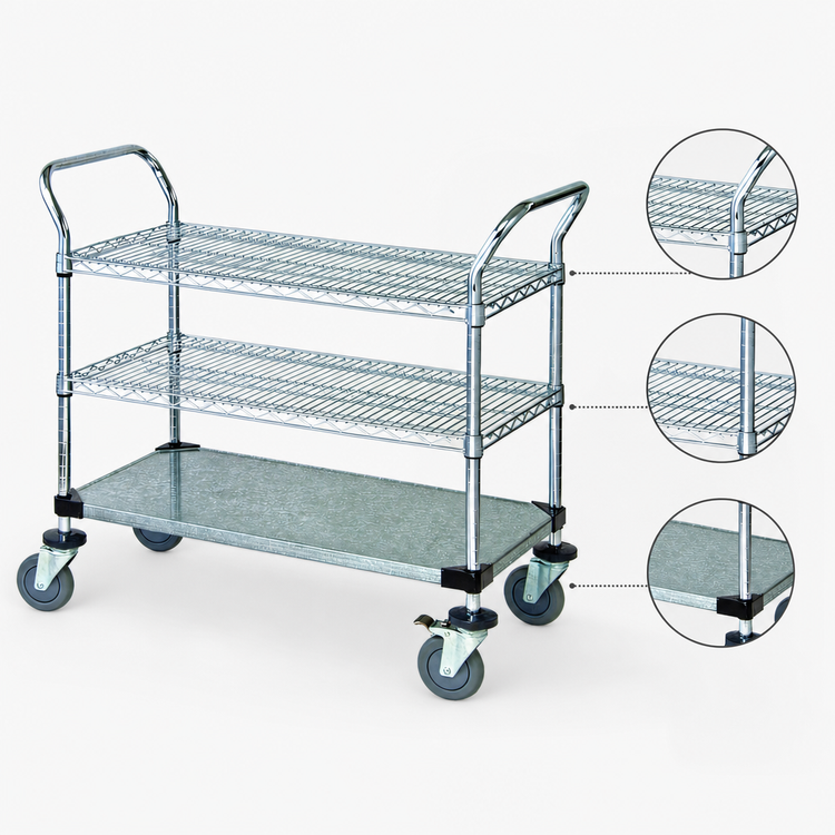 Product image #3 for Quantum 3-Shelf Utility Bus Cart with Chrome-Plated Wire Shelves and Solid Shelf, 42 x 21 Inches