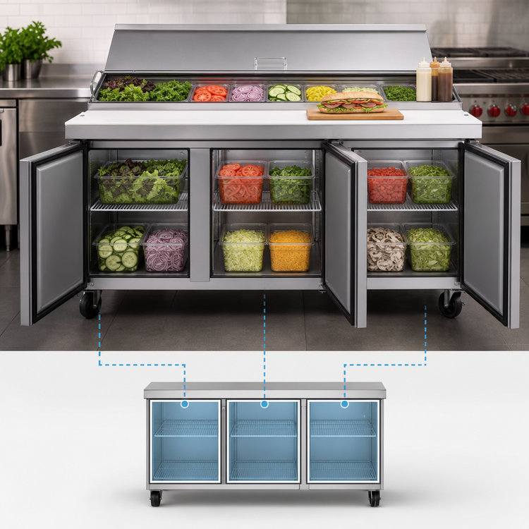 Product image #3 for Hoshizaki Steelheart 72-Inch Three-Section Sandwich Top Refrigerator Prep Table