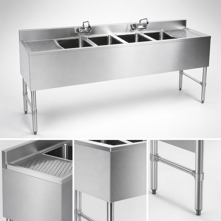 Product image #3 for Steel Works Stainless Four-Compartment Underbar Hand Sink with Left and Right Drainboards, 72 Inch
