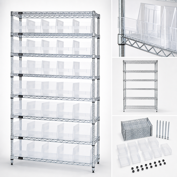 Product image #3 for Quantum WR9-204CL 36-Inch W x 18-Inch D x 74-Inch H Chrome Plated Stationary Wire Shelving System with 9 Shelves and 40 Clear Bins