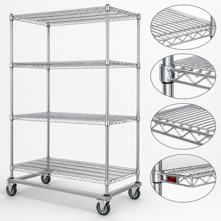 Product image #3 for Eagle Group 4-Tier Chrome Dolly Truck Wire Shelving Unit, 36 x 24 Inches, 69-Inch High, Poly Swivel Casters