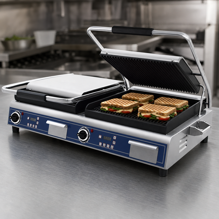 Product image #3 for Globe Deluxe 14-Inch Double Countertop Electric Sandwich/Panini Grill with Grooved Cast Iron Plates