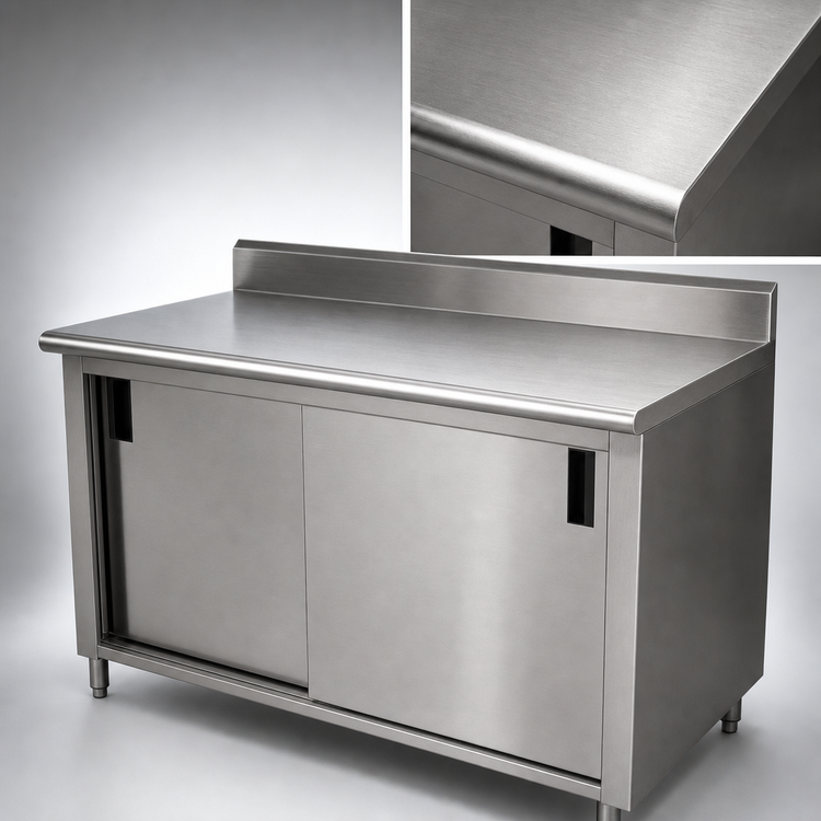Product image #3 for Advance Tabco 84-Inch x 24-Inch Enclosed Work Table with 14-Gauge 304 Stainless Steel Top, Cabinet Base, Sliding Doors, and 5-Inch Backsplash
