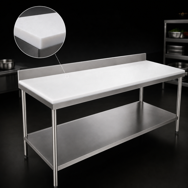 Product image #3 for Advance Tabco Poly-Vance Poly-Top Work Table with 6-Inch Stainless Steel Backsplash and Adjustable Undershelf, 108 x 24 Inches