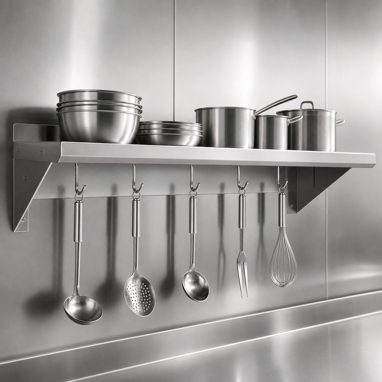 Product image #3 for BK Resources Premium Wall-Mount Stainless Steel Overshelf with Pot Rack, 48 x 16 Inches
