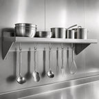 Thumbnail image #3 for BK Resources BKWS-1648-PR Wall-Mount Stainless Steel Overshelf with Pot Rack, 48 x 16 Inches, 18 Gauge, 4 Hooks