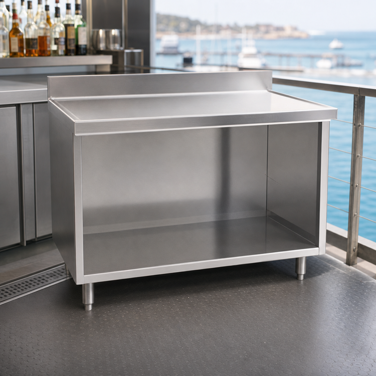 Product image #3 for Spec-Master Marine Series Underbar Work Table with Open Front Cabinet Base, 60 x 24 Inches, 4-1/2 Inch Backsplash