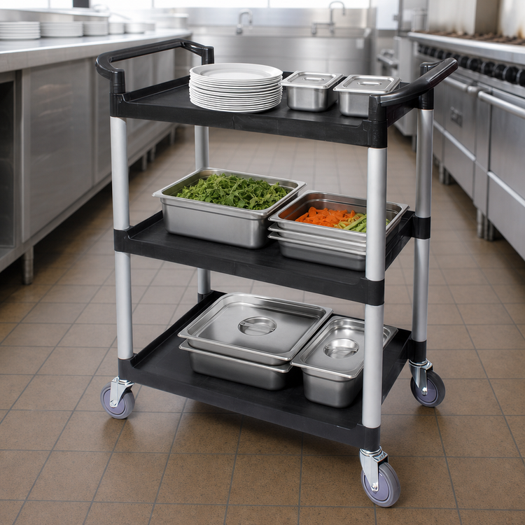 Product image #3 for Crestware Regular 3-Tier Poly Bus Cart, Black, 16-1/8 x 24-1/2 x 36 Inch, 265 lb. Capacity
