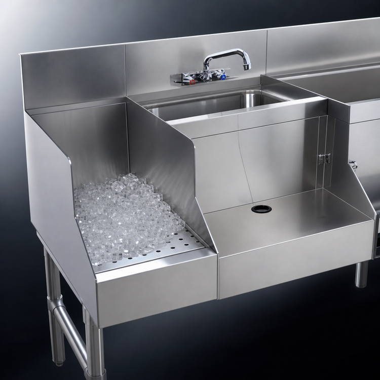 Product image #3 for Advance Tabco Prestige Uni-Serv 48-Inch Stainless Steel Speed Bar with Left Ice Bin, 10-Circuit Cold Plate, Dump Sink, and Blender Recess