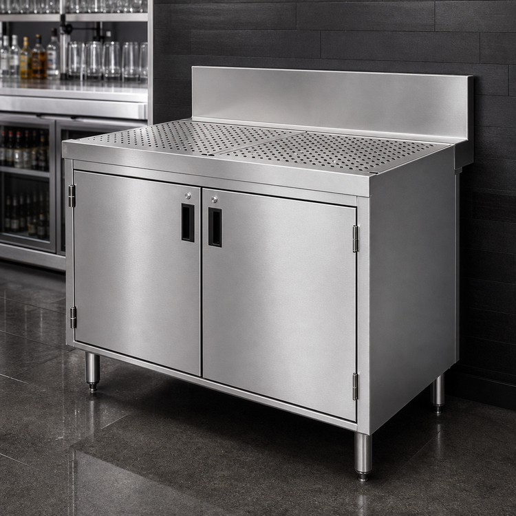 Product image #3 for Advance Tabco Prestige Supreme 42-Inch Stainless Steel Underbar Drainboard Cabinet with Removable Hinged Doors and 7-Inch Backsplash