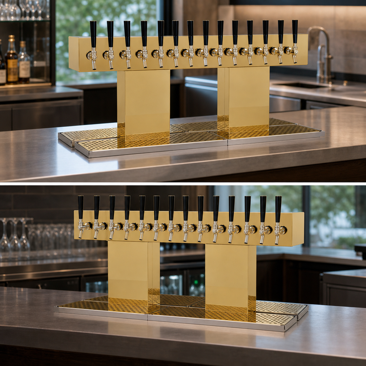 Product image #3 for Glastender Double-Sided 24-Faucet Glycol-Cooled Countertop Draft Dispensing Tower, Polished Brass Finish