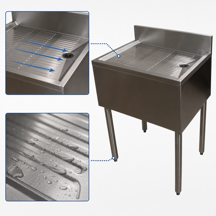 Product image #4 for BK Resources 18-Inch Wide x 21-1/4-Inch Deep Underbar Drain Board with Drain, Stainless Steel