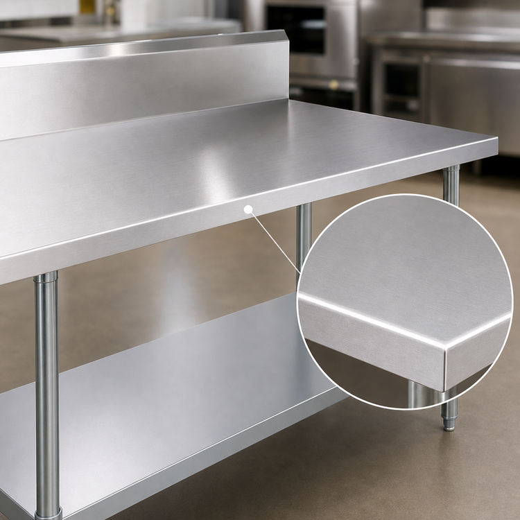 Product image #3 for Duke 84 Inch x 24 Inch 14-Gauge 300 Series Stainless Steel Work Table with 10 Inch Riser and Galvanized Undershelf