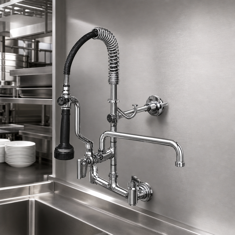 Product image #3 for T&S Brass EasyInstall Mini Pre-Rinse Unit with 8-Inch Wall Mount Mixing Faucet and 12-Inch Swing Nozzle