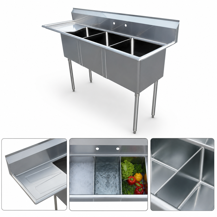 Product image #3 for Omcan USA 48 1/2-Inch Three-Compartment Pot Sink with Left Drainboard, Center Drain, and Galvanized Legs