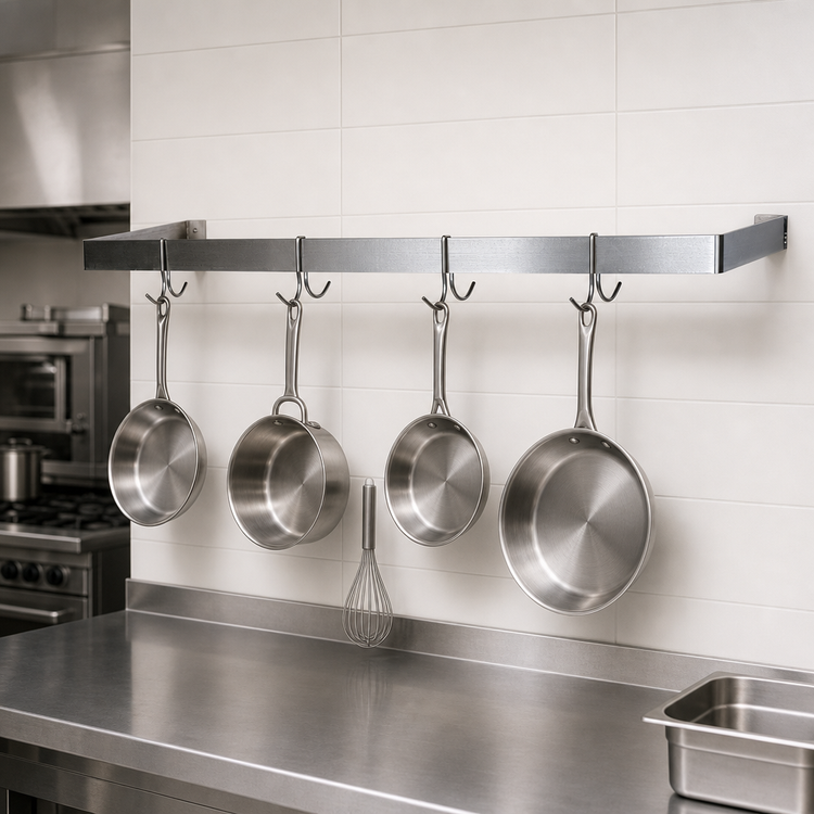 Product image #3 for BK Resources 60 Inch Wall-Mount Single Bar 304 Stainless Steel Pot Rack with 5 Double Prong Hooks