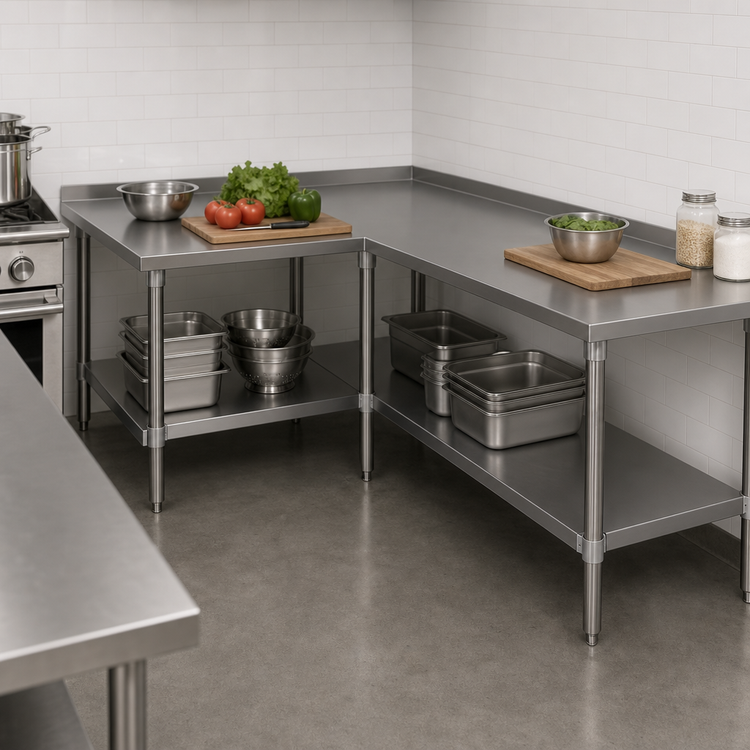 Product image #3 for John Boos L-Shaped Stainless Steel Corner Work Table with 1-1/2 Inch Rear Riser and Adjustable Undershelf