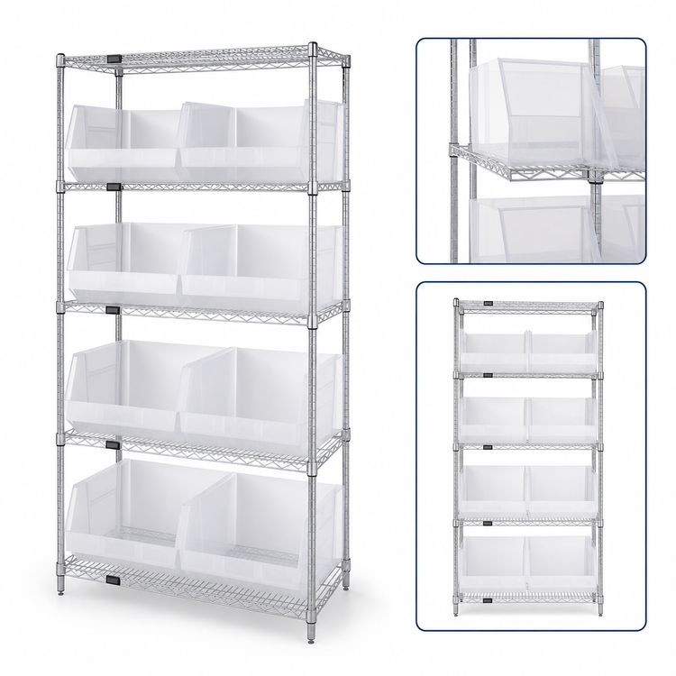 Product image #3 for Quantum 42-Inch Wide Bin Wire Shelving System with 5 Shelves and 8 Clear Bins