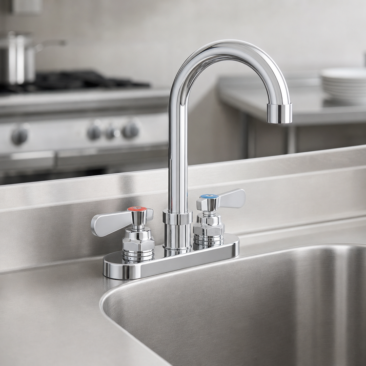 Product image #3 for John Boos Low-Lead Heavy Duty Splash-Mount Faucet with 3-1/2 Inch Gooseneck Spout and 4 Inch Centers