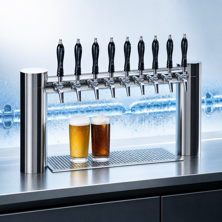 Product image #3 for Perlick Avenue H-Pipe 10-Faucet Glycol-Cooled Countertop Draft Beer Tower, Stainless Steel