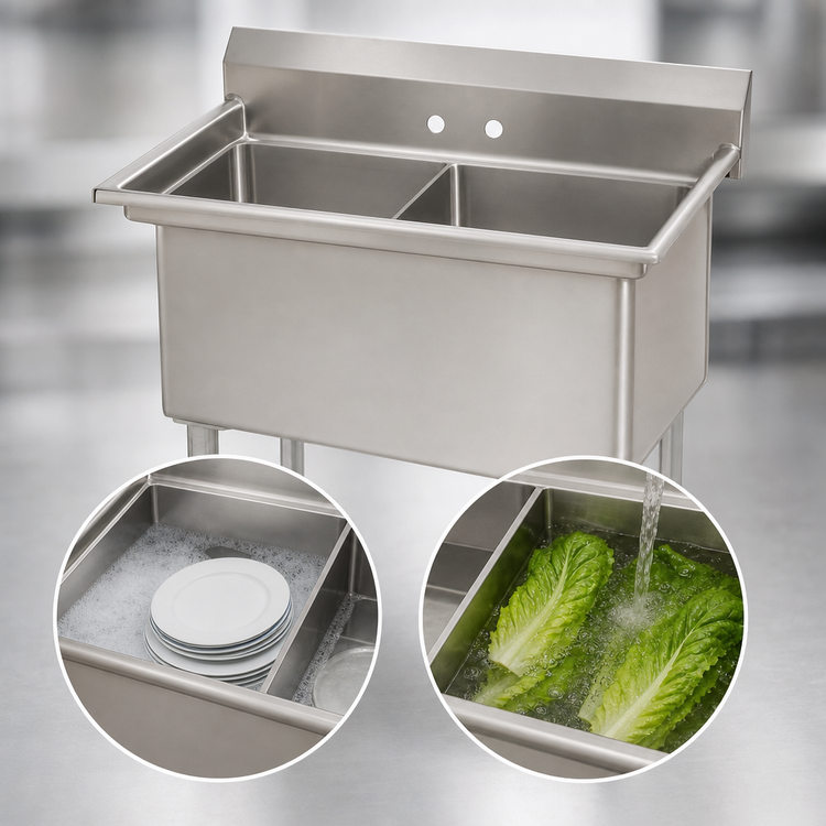 Product image #3 for Advance Tabco 2-Compartment Fabricated Sink, 16" x 20" x 14" Bowls, 16-Gauge 304 Stainless Steel