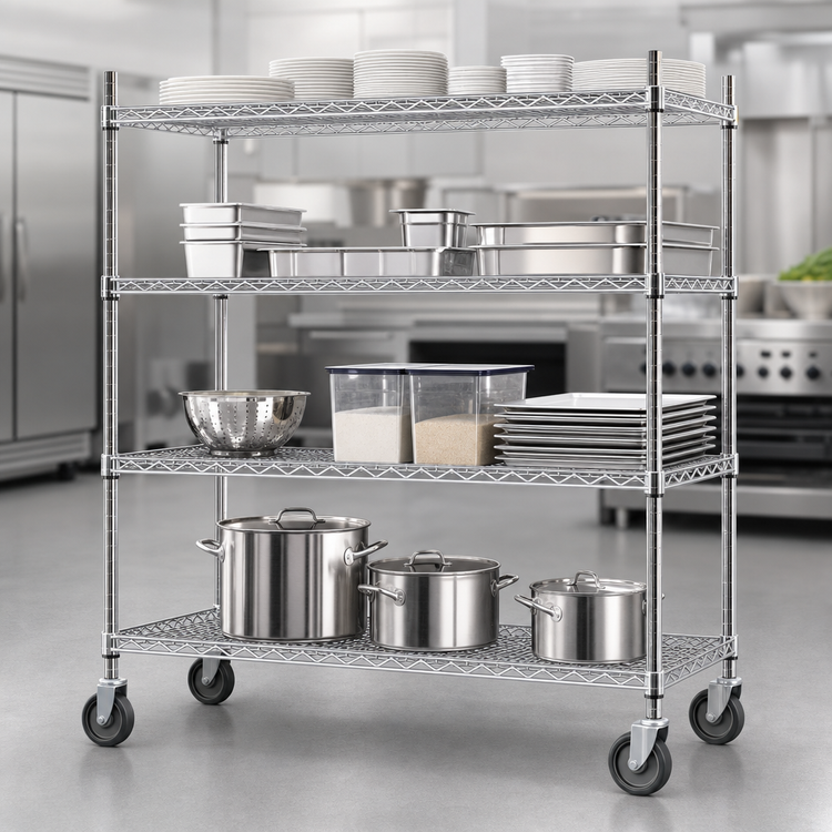 Product image #3 for Eagle Group 4-Tier 60-Inch x 18-Inch Chrome Wire Dolly Truck with 5-Inch Poly Swivel Casters