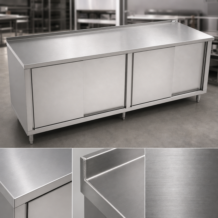 Product image #3 for John Boos Enclosed Work Table Cabinet Base with Sliding Doors, 96 Inch x 30 Inch, 14-Gauge Stainless Steel Top, 1-1/2 Inch Rear Riser