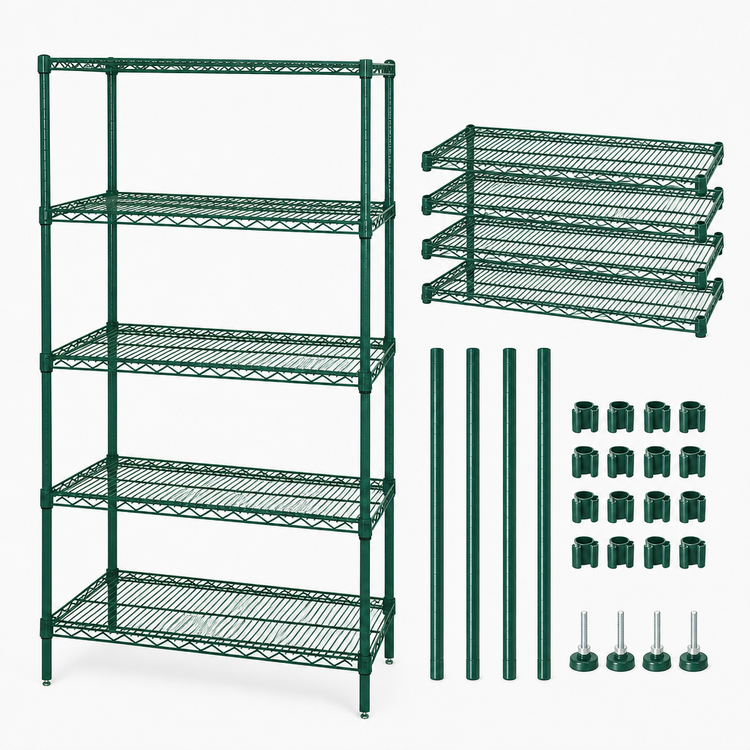 Product image #3 for Quantum 30-Inch Wide x 14-Inch Deep x 63-Inch High Stationary 5-Shelf Wire Shelving Starter Kit, Green Epoxy Finish