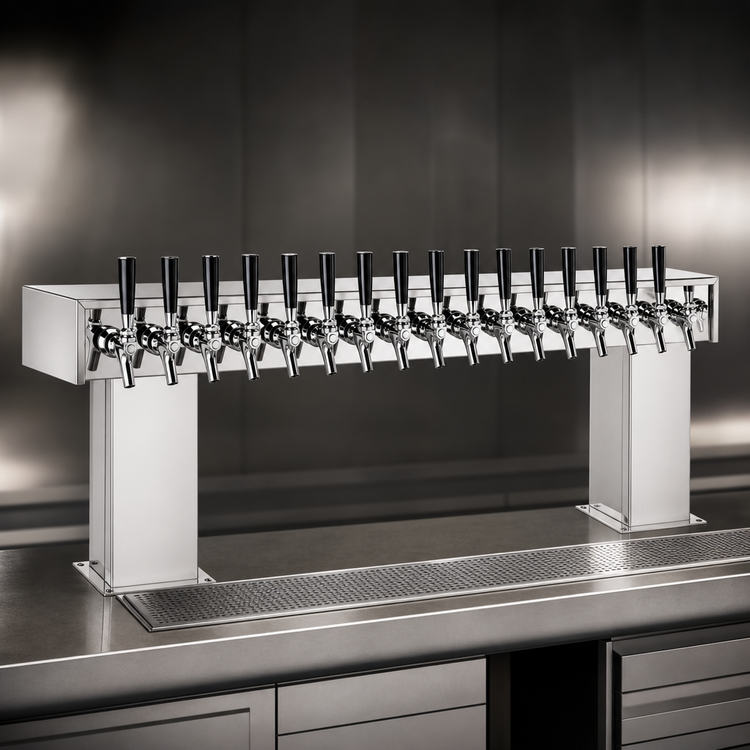 Product image #3 for Perlick 55-1/8" Wide 20-Faucet Glycol-Cooled Countertop Bridge Tee Draft Beer Tower, Tarnish-Free Brass