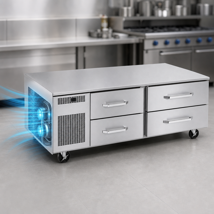 Product image #3 for Randell 72-Inch 4-Drawer Refrigerated Chef Base Equipment Stand, Left-Mounted Self-Contained R290, 6-Inch Pan Capacity