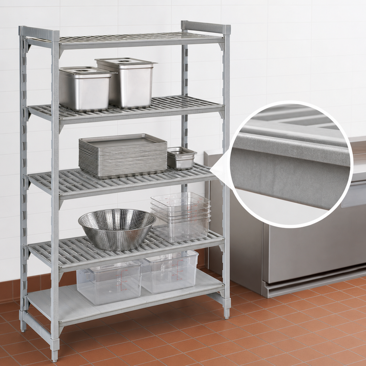 Product image #4 for Cambro Camshelving Premium 4-Tier Stationary Starter Polymer Shelving Unit, 24 x 24 x 72 Inches, Mixed Vented/Solid Shelves, Speckled Gray
