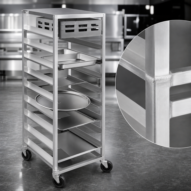 Product image #3 for Mobile All-Welded Aluminum Universal Rack with Stainless Steel Top, 4-Pan Capacity