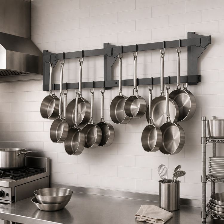 Product image #3 for Eagle Group Commercial Wall-Mount Aluminum Double-Bar Pot Rack with 22 Hooks, 132-Inch Wide