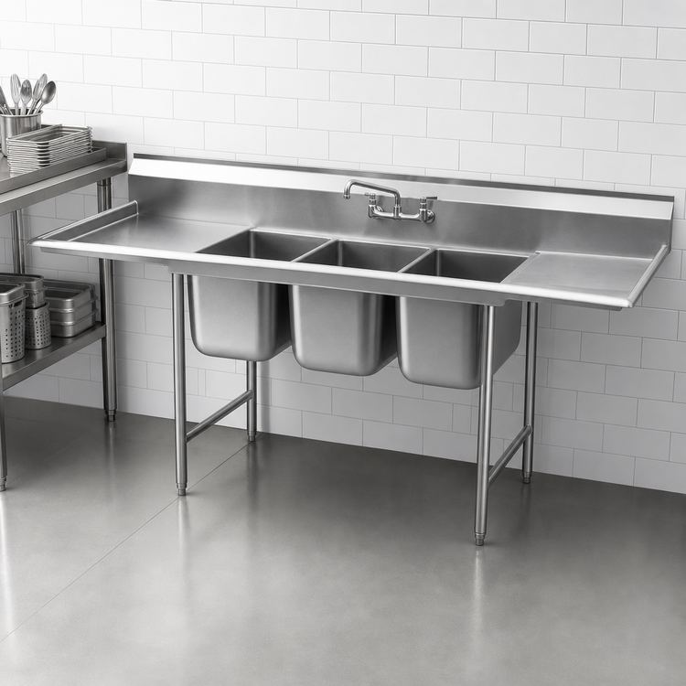 Product image #3 for Eagle Group 314 Series Three-Compartment Stainless Steel Sink, 83-1/2 Inch Wide, 24 x 24 x 13-1/2 Inch Bowls