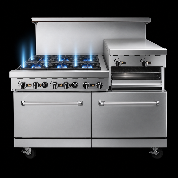 Product image #3 for CookRite 60-Inch Natural Gas Commercial Range with 6 Open Burners, 24-Inch Griddle/Broiler, and 2 Standard Ovens