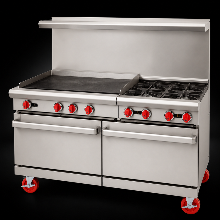 Product image #3 for American Range 60-Inch Gas Restaurant Range with 36-Inch Griddle, 4 Open Burners, Convection Oven, and Standard Oven