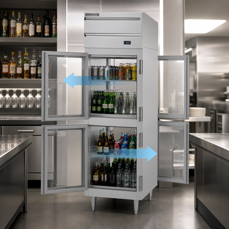 Product image #3 for Beverage-Air P-Series One-Section Pass-Thru Refrigerator with 4 Half-Glass Doors, Top-Mounted Self-Contained Refrigeration